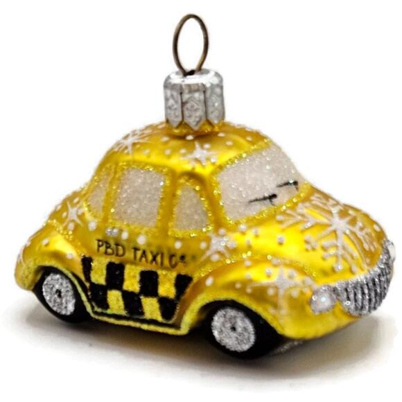 Patricia Breen Miniature Taxi Yellow Snowflakes Signed Christmas Tee Ornament - Picture 2 of 11